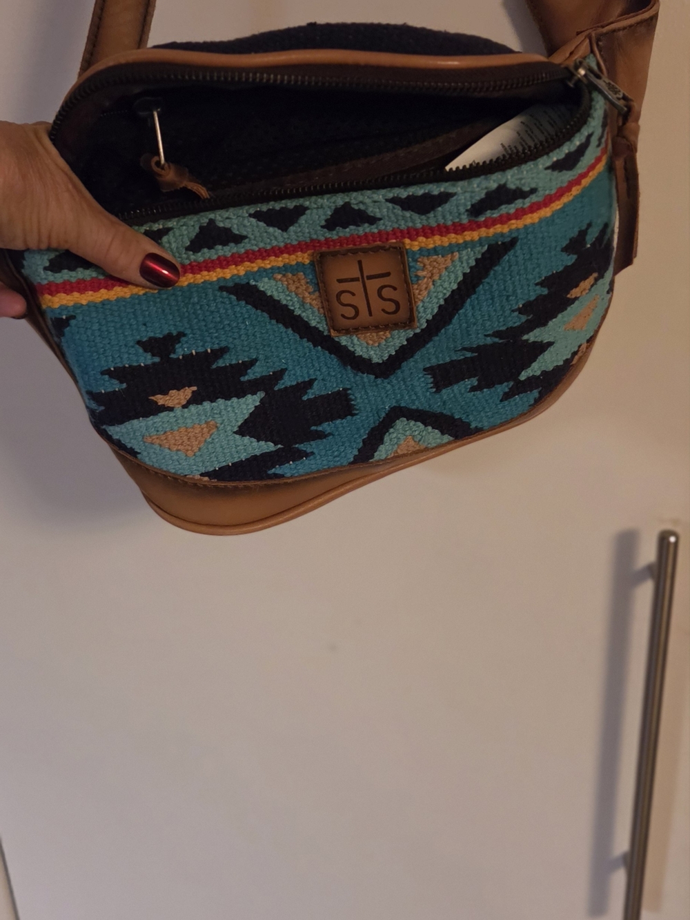 STS Ranchwear Turquoise Aztec Fannypack with Tan Trim and Black Accents. Leather